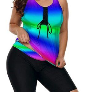 Green Blue Women's Plus Size Rash Guard Capris Tankini Athletic Swimwear